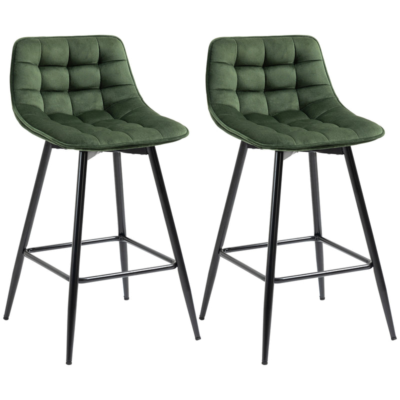 Set 2 Sgabelli da Bar con Schienale e Poggiapiedi 45x47x88 cm in Metallo e Velluto Verde-1