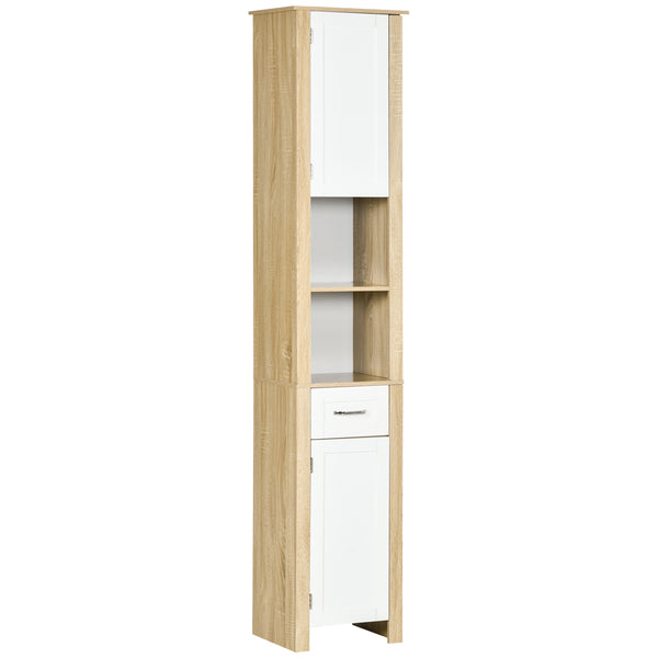 Hoher Badezimmerschrank 1 Schublade 2 Schränke 2 Regale 37 x 30 x 184 cm in weißer Spanplatte und Naturholz sconto