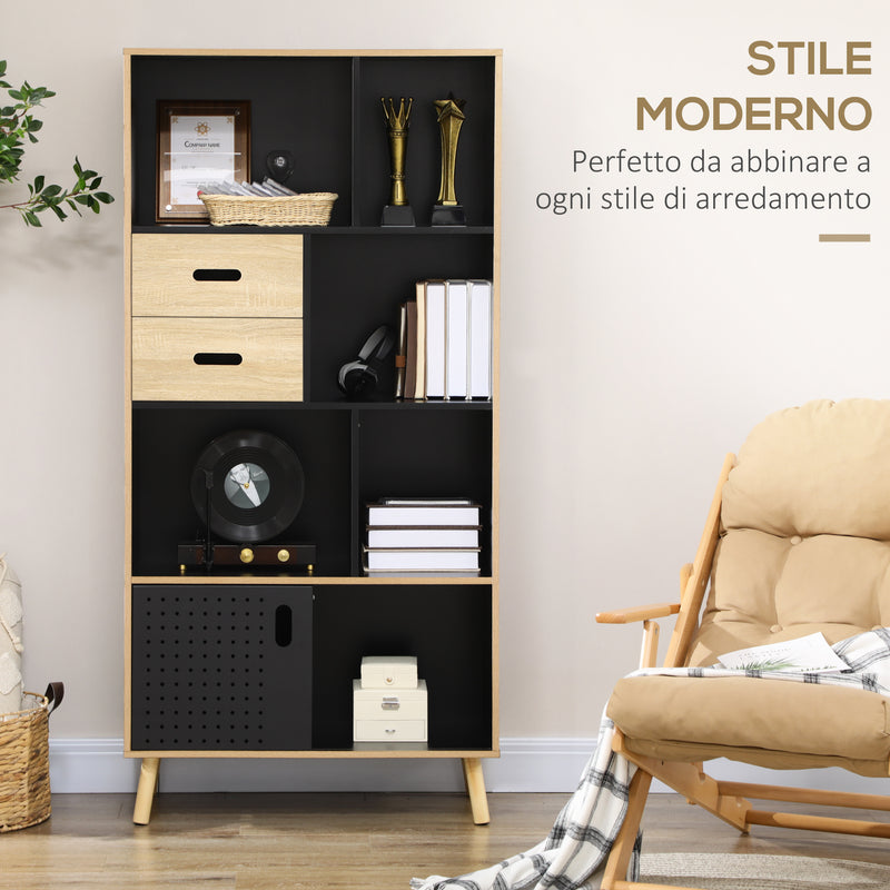 Libreria Moderna 80x40x165 cm in MDF e Truciolato Nero e Legno Naturale-4