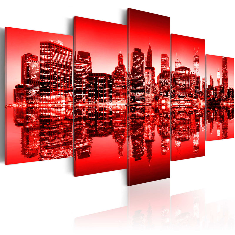 Quadro - Bagliore Rosso Sopra New York: 5 Pezzi 100X50Cm Erroi-1