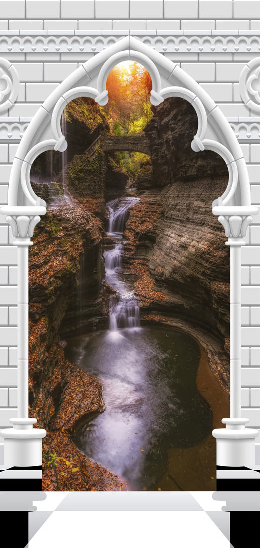 Carta da Parati Fotomurale per Porta - Gothic Arch And Waterfall V 100x210 cm Erroi-2