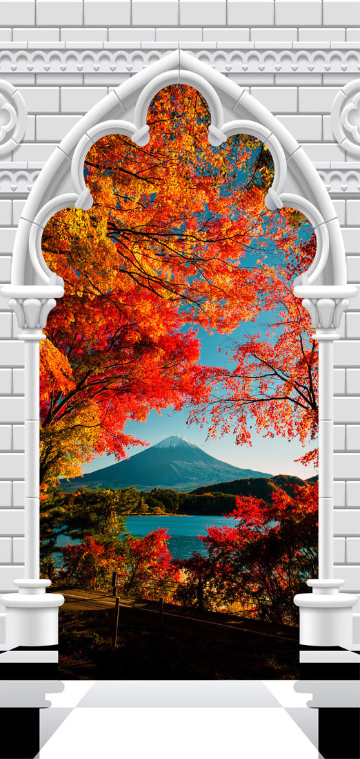 Carta da Parati Fotomurale per Porta - Gothic Arch And Mount Fuji i 80x210 cm Erroi-2