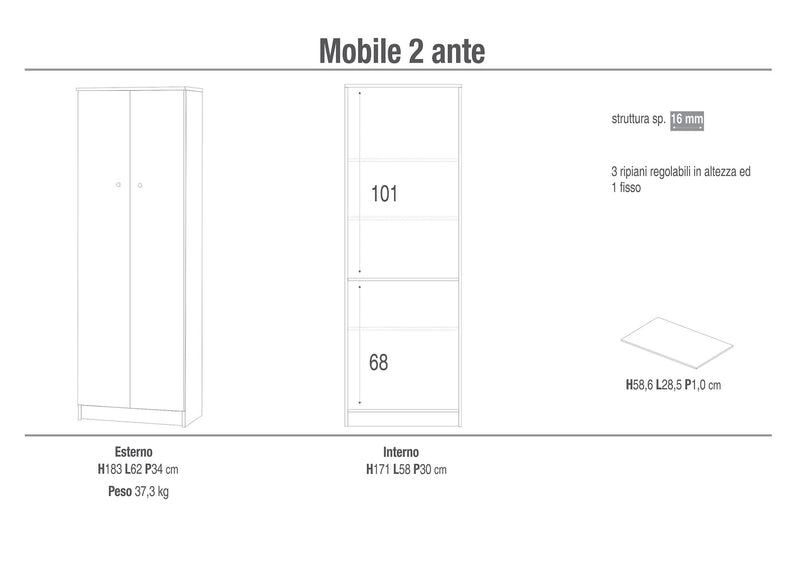 Mobile 2 Ante 62x182x34 cm Bianco Lisco-2