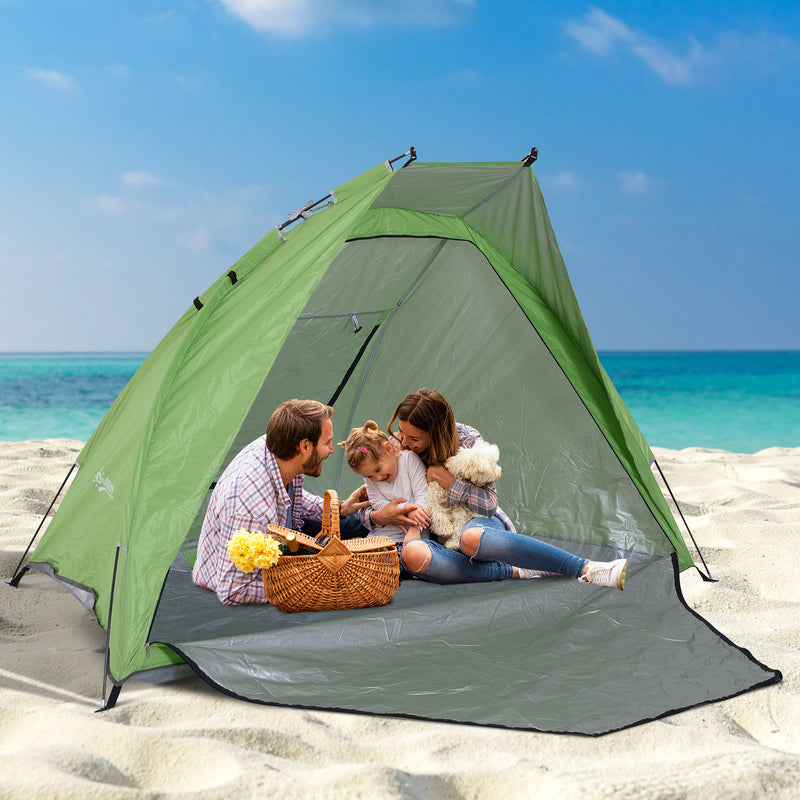 Tenda da Spiaggia con Corde e Paletti e Finestra in Poliestere Verde -2