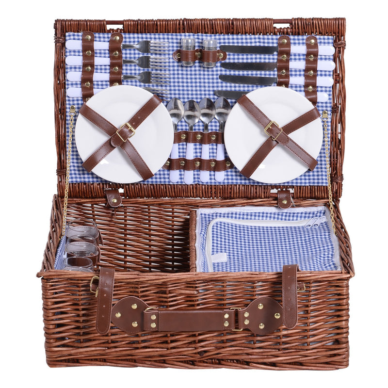 Cestino da Picnic per 4 Persone Posate Piatti Bicchieri e Accessori Vimini marrone 54x34x20 cm -1