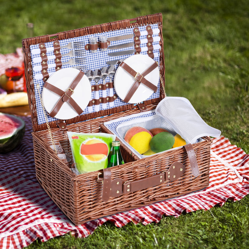 Cestino da Picnic per 4 Persone Posate Piatti Bicchieri e Accessori Vimini marrone 54x34x20 cm -2