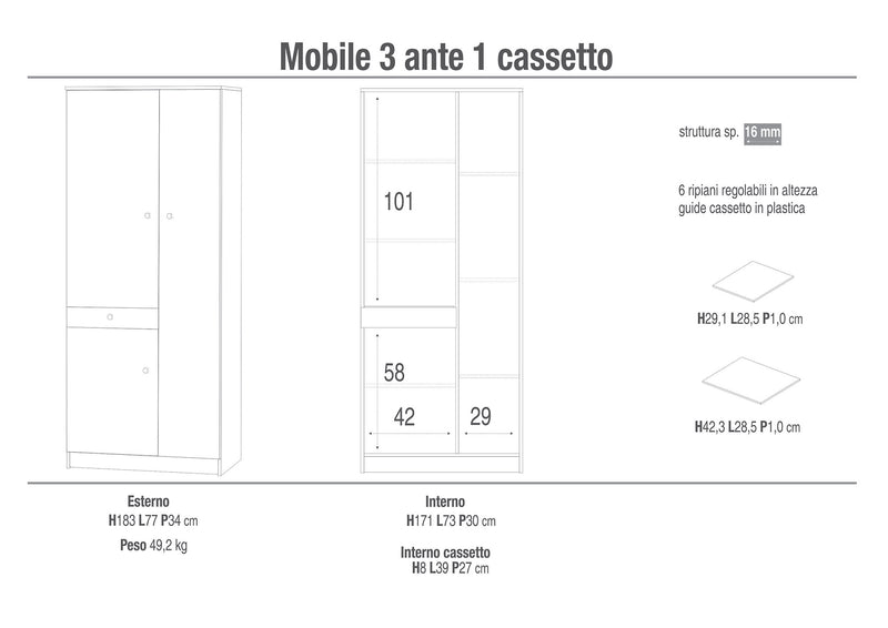 Armadio 3 Ante 1 Cassetto 77x183x34 cm Bianco Lisco-2