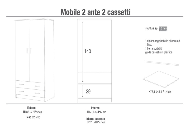 Armadio 2 Ante 2 Cassetti 77x182x52 cm Eucalipto-7