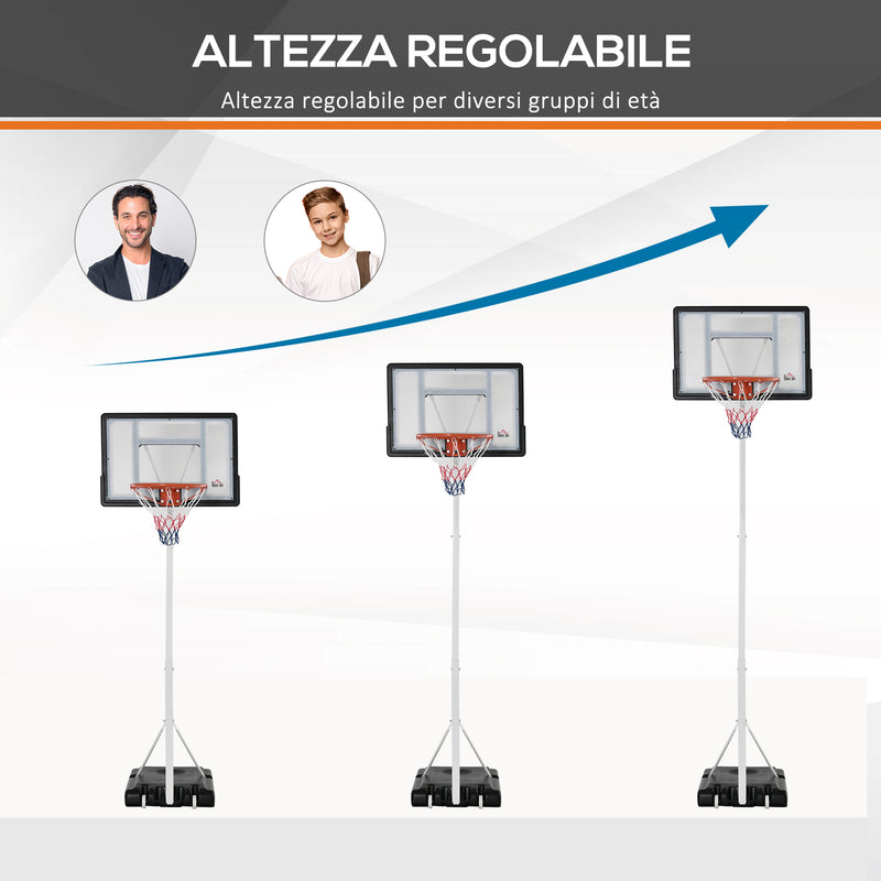 Canestro Basket da Esterno Altezza Regolabile 210-260 cm Ruote Integrate Bianco-4