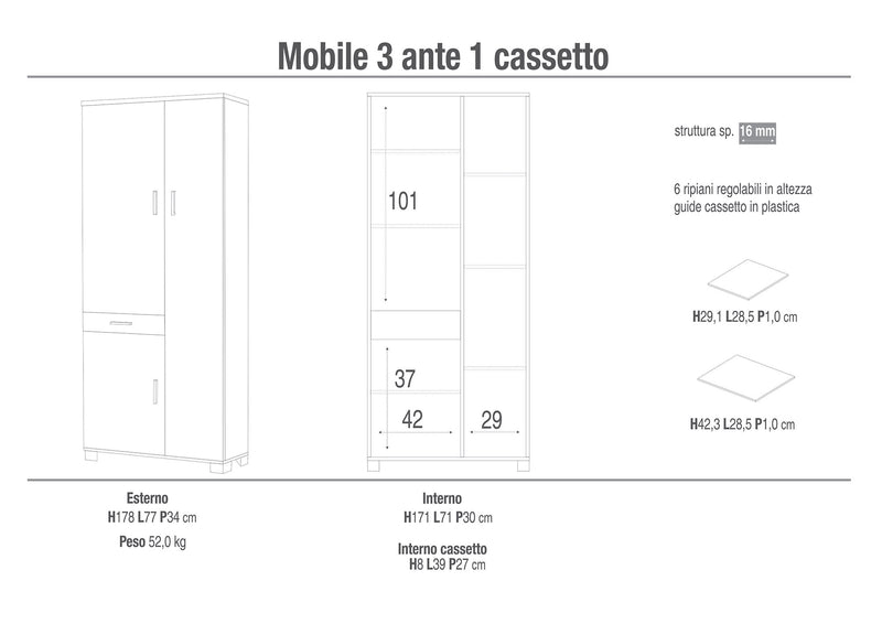 Armadio 3 Ante 1 Cassetto 77x178x34 cm Bianco Fiammato-3