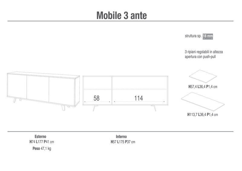 Mobile 3 Ante 177x74x41 cm Ossido Bianco/Marmo Calacatta-2