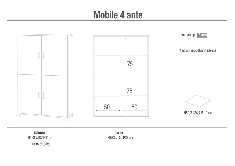 Mobile 4 Ante 107x162x41 cm Olmo Chiaro/Bianco Fiammato-4