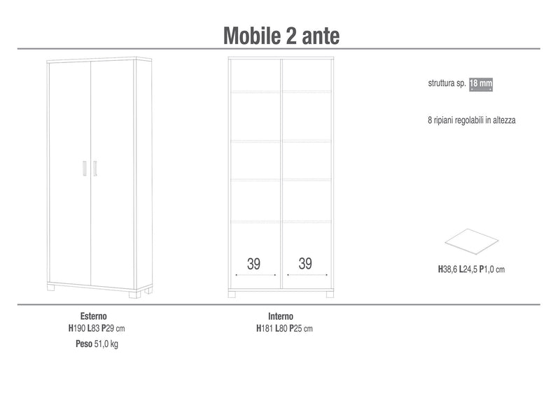 Armadio 2 Ante 83x190x29 cm Olmo Chiaro-2