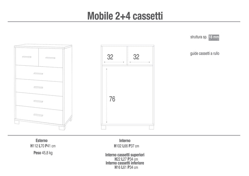 Mobile 4+2 Cassetti 70x112x41 cm Olmo Chiaro/Bianco Fiammato-2