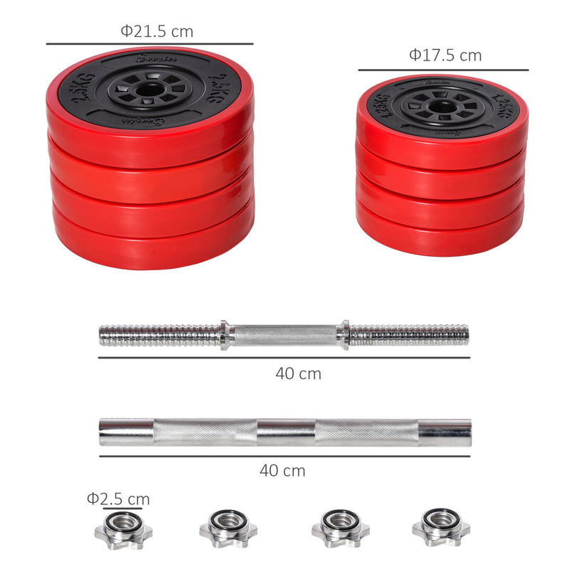 Set Bilanciere 2 Manubri 8 Dischi 15 kg Rivestimento in Plastica Rosso e Nero-3