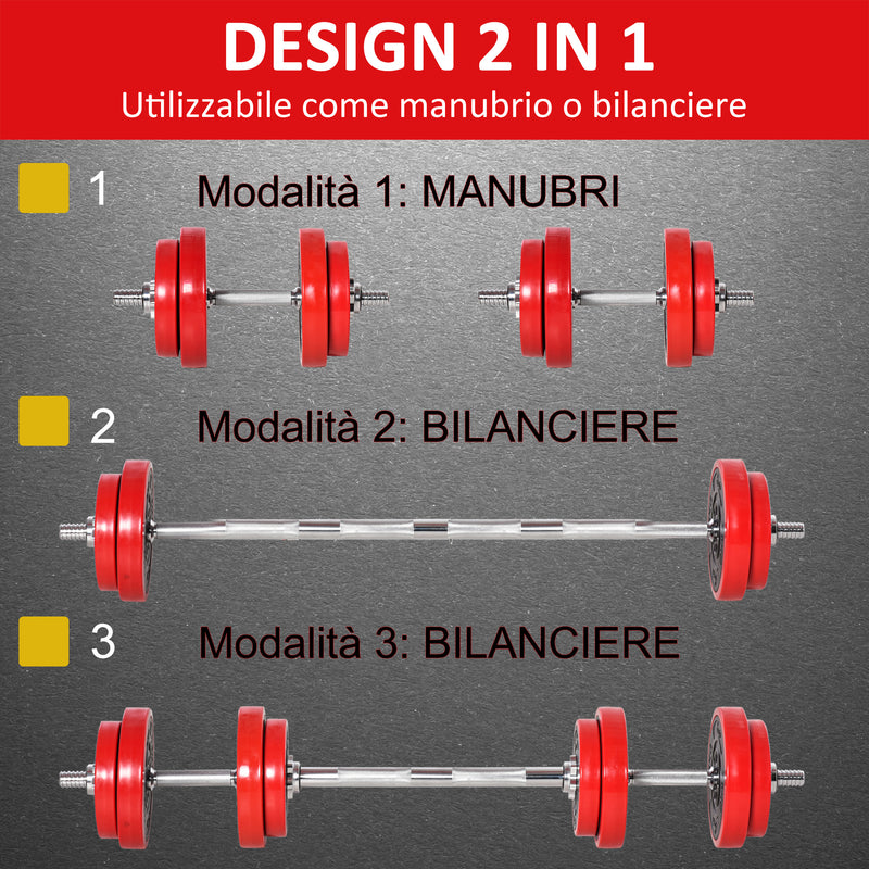 Set Bilanciere 2 Manubri 8 Dischi 15 kg Rivestimento in Plastica Rosso e Nero-4