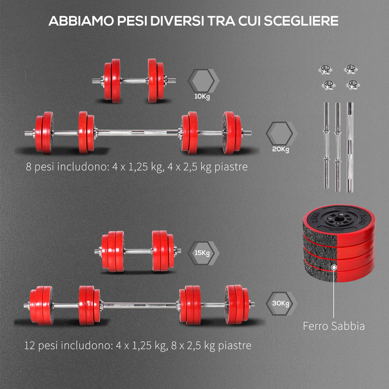 Set Bilanciere 2 Manubri 8 Dischi 15 kg Rivestimento in Plastica Rosso e Nero-8