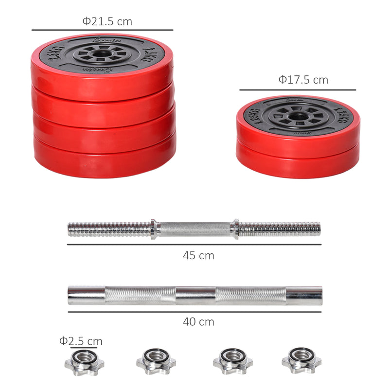 Set Bilanciere 2 Manubri 8 Dischi 15 kg Rivestimento in Plastica Rosso e Nero-3