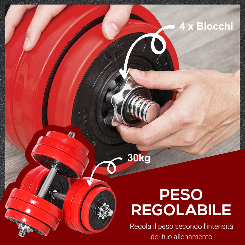 Set Bilanciere 2 Manubri 8 Dischi 15 kg Rivestimento in Plastica Rosso e Nero-6