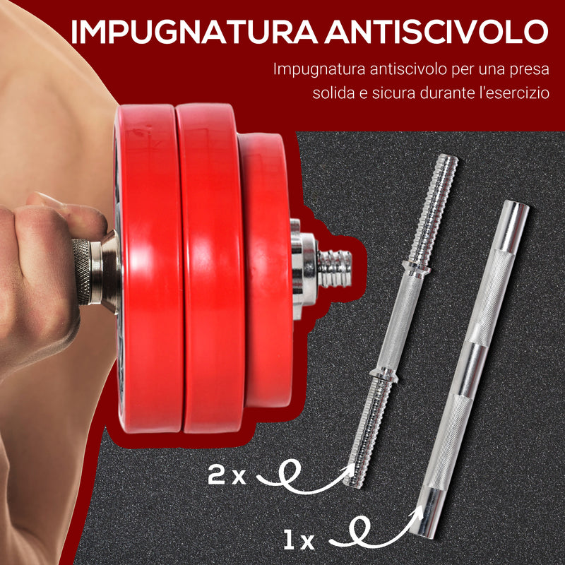 Set Bilanciere 2 Manubri 8 Dischi 15 kg Rivestimento in Plastica Rosso e Nero-7