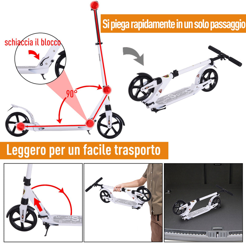 Monopattino per Ragazzi Pieghevole Regolabile 90-105 cm Bianco -5