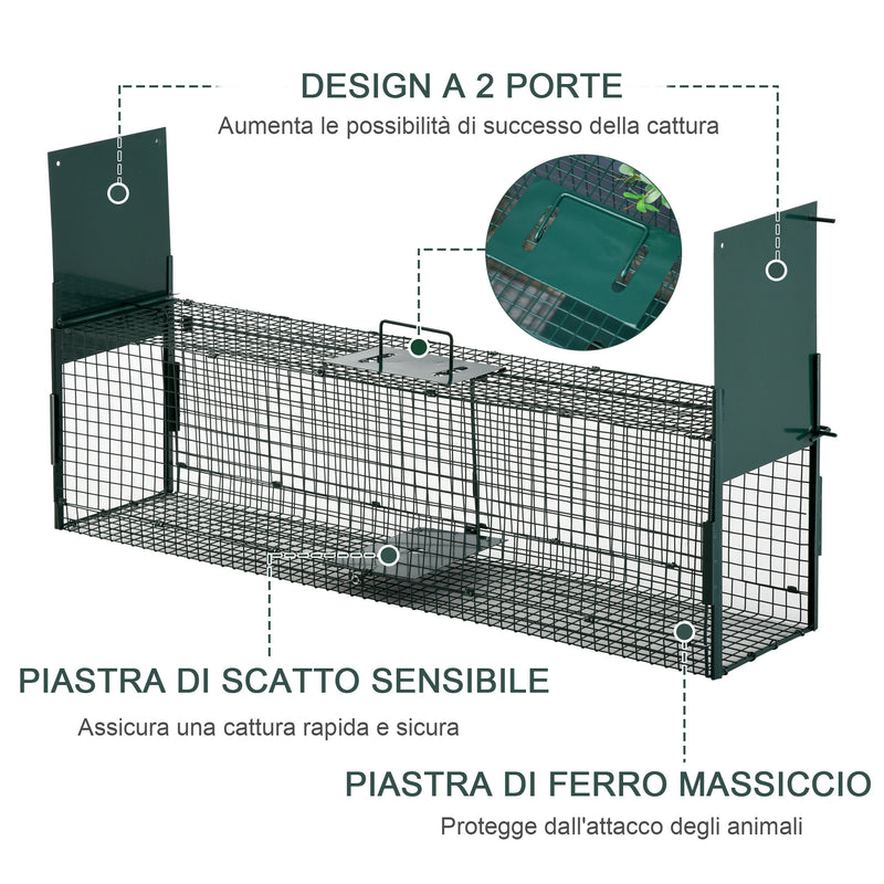 Gabbia Trappola per Animali Vivi 100x25x28 cm Doppia Porta in Ferro Verde scuro-4