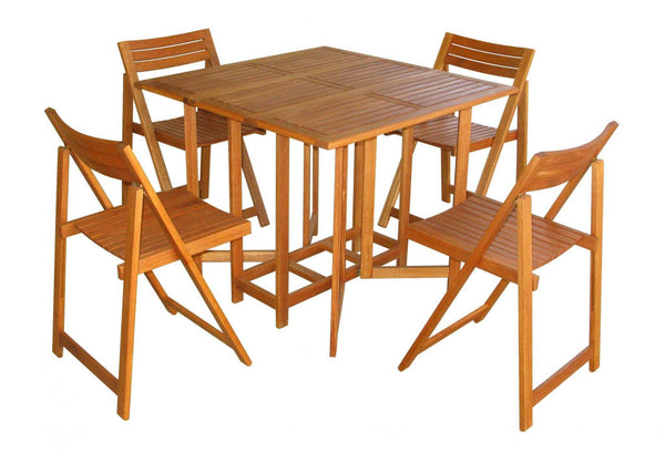 Gedeckter Tisch + 4 klappbare Gartenstühle aus braunem Holz prezzo