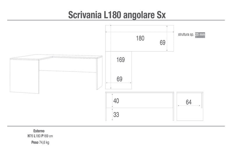 Scrivania Angolare Sx 180x76x169 cm Ossido Bianco-2