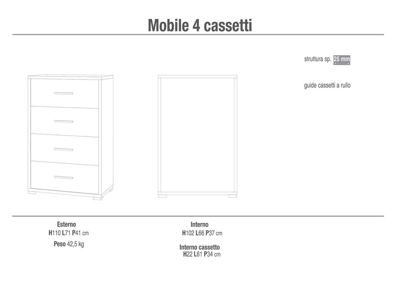 Cassettiera con 4 Cassetti 71x110x41 cm Ossido Bianco/Cemento-2