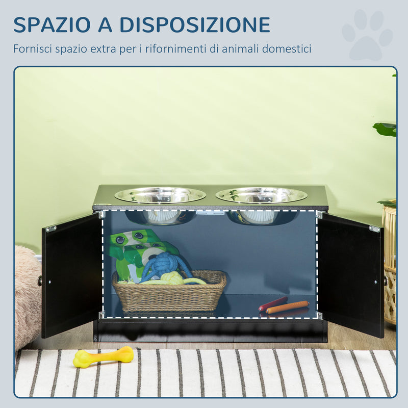 2 Ciotole per Cani Rialzate 60x30x35,5 cm in Acciaio Inox con Vano Contenitore Nero-5