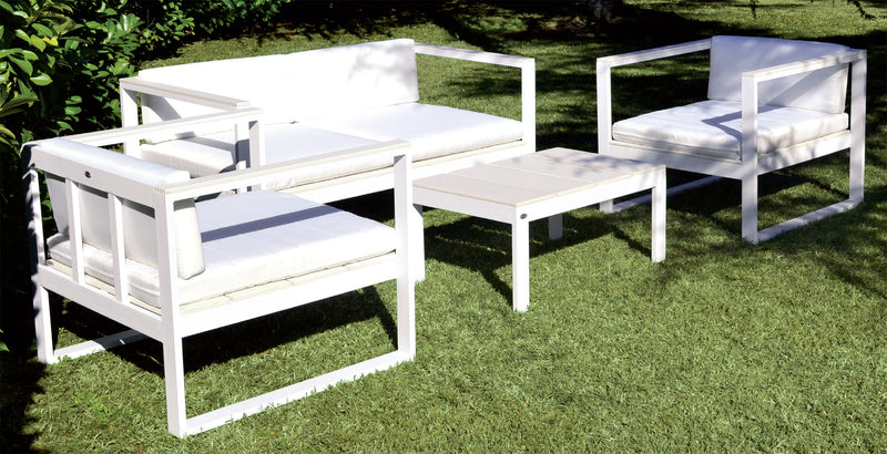 Set da Giardino Divano Poltrone e Tavolino in Polyrattan Morel Montreal Bianco-1