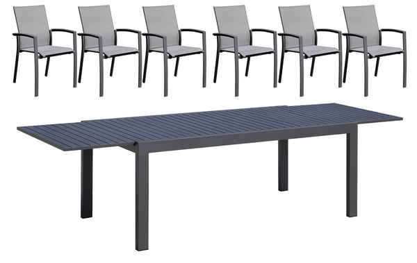 Set aus ausziehbarem Tisch und 6 Gartenstühlen aus Aluminium und anthrazitfarbenem Textilene sconto