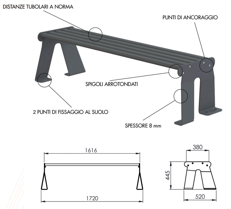 Panchina 3 Posti da Esterno 172x52x44,5 cm in Acciaio Zincato Senza Schienale Antracite e Marrone-4