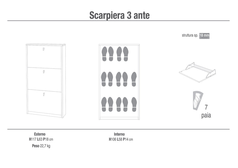 Scarpiera 3 Ante 63x117x18 cm Bianco Fiammato-3