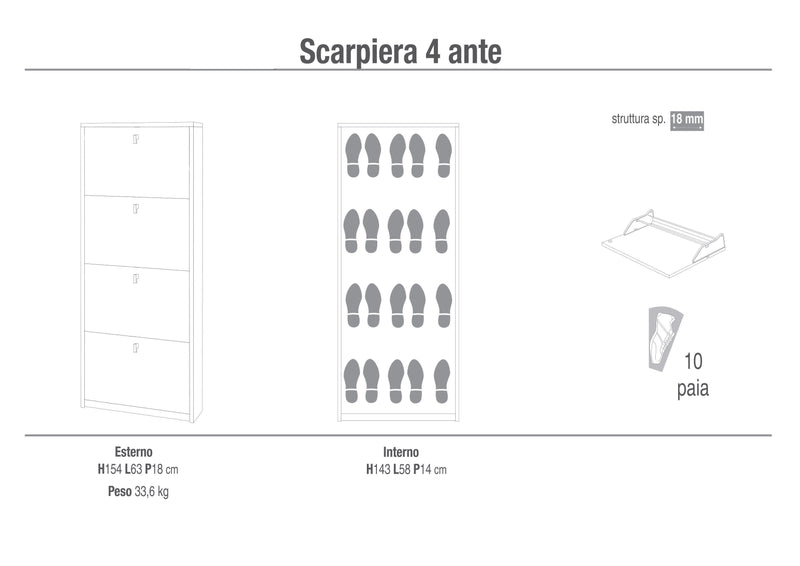 Scarpiera 4 Ante 63x154x18 cm Bianco Fiammato-2