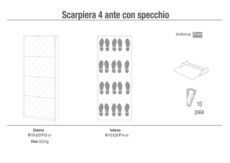 Scarpiera 4 Ante con Specchio 63x154x18 cm Cemento-2