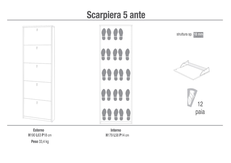 Scarpiera 5 Ante 63x190x18 cm Bianco Fiammato-2