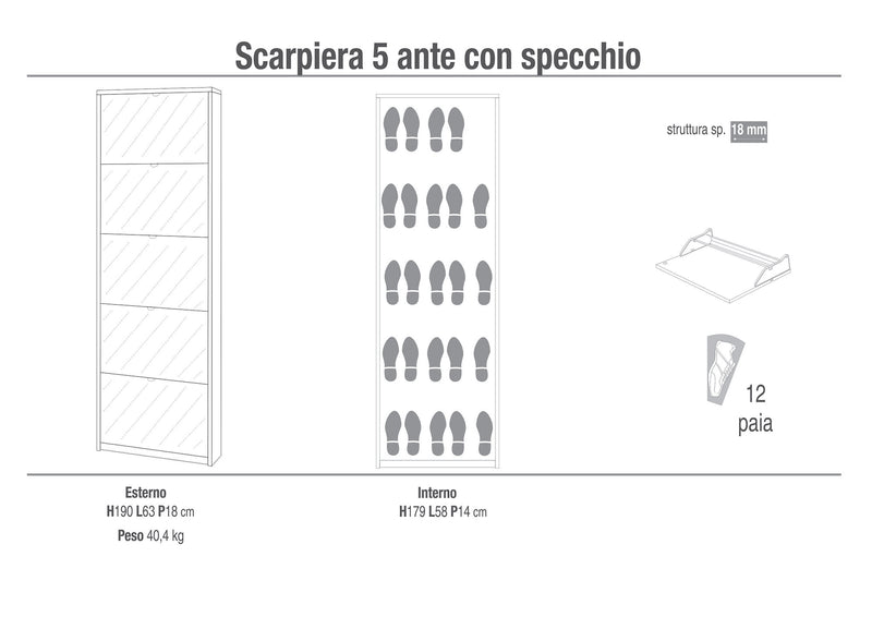 Scarpiera 5 Ante con Specchio 63x190x18 cm Ossido Bianco-3