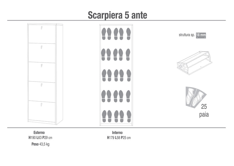 Scarpiera 5 Ante 63x190x29 cm Bianco Fiammato-2