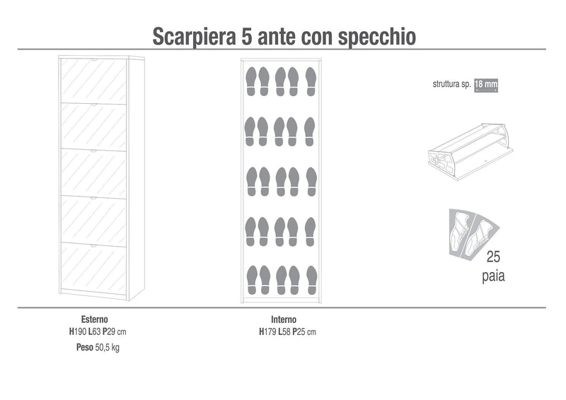 Scarpiera 5 Ante con Specchio 63x190x29 cm Cemento-2