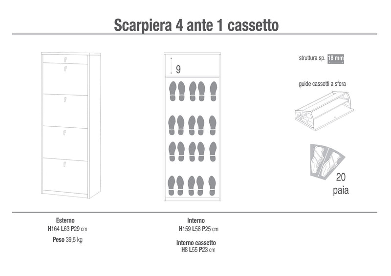 Scarpiera 4 Ante 1 Cassetto 63x164x29 cm Olmo Chiaro-2