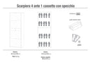 Scarpiera 4 Ante con Specchio 1 Cassetto 63x164x29 cm Bianco Fiammato-2