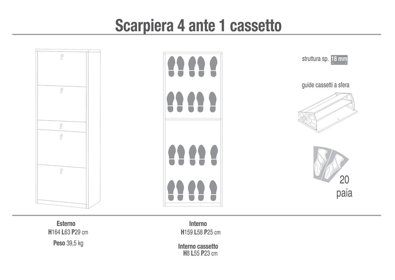 Scarpiera 4 Ante 1 Cassetto 63x164x29 cm Ossido Bianco-2