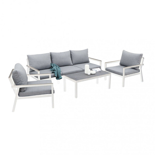 prezzo Garden Lounge Set Sofa 2 Sessel und Couchtisch mit Kissen aus weißem Aluminium