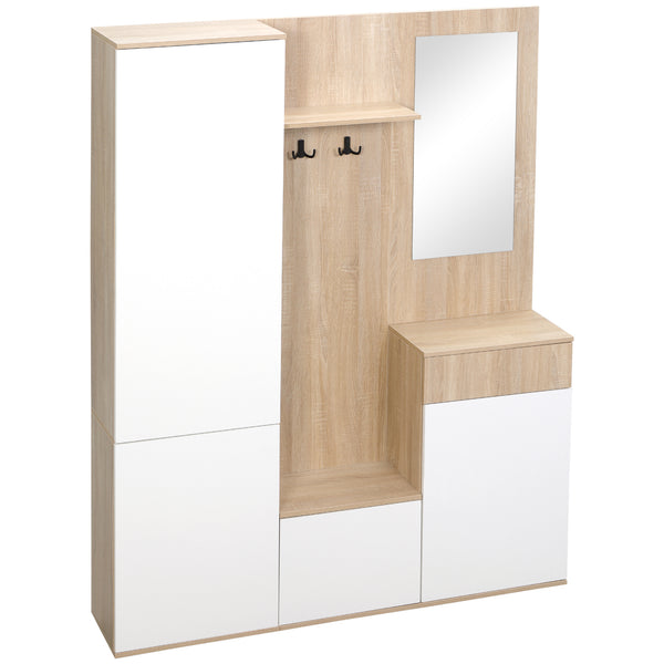 4-in-1-Flurschrank mit Spiegel 145 x 29 x 184 cm in weißer Spanplatte und Naturholz sconto