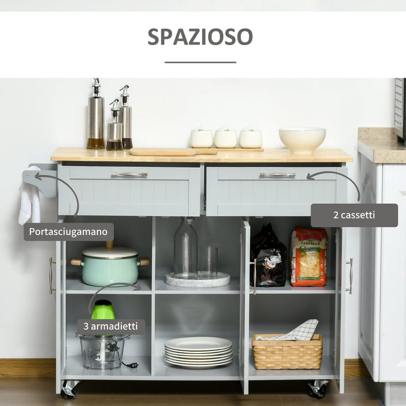 Carrello da Cucina 121x46x91 cm con Ruote in Legno Grigio-4