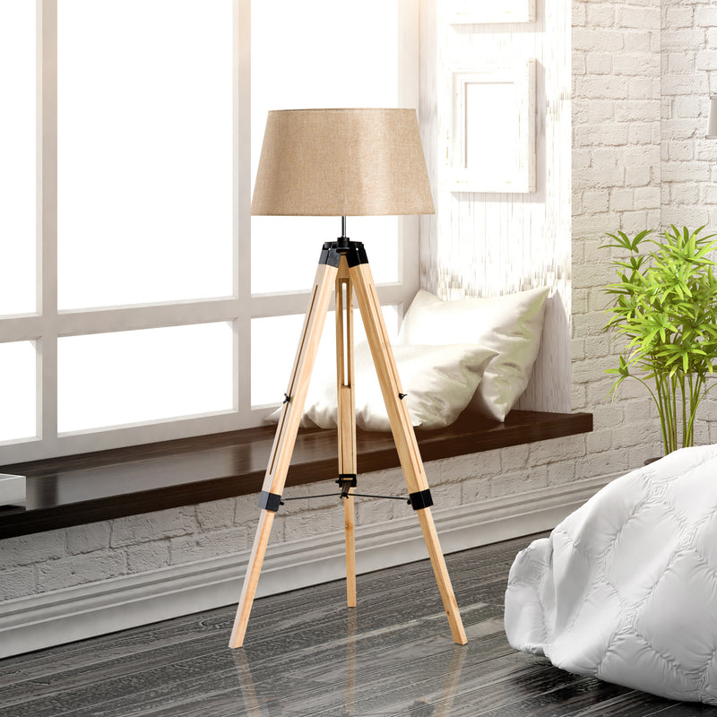 Lampada da Terra Design con Treppiede in Legno Altezza Regolabile Beige -5