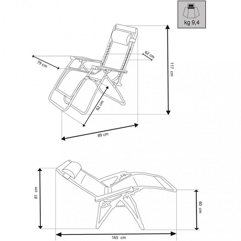 Sedia Sdraio Zero Gravity Reclinabile Pieghevole 165x79x117 h cm in Metallo e Oxford Grigio-3