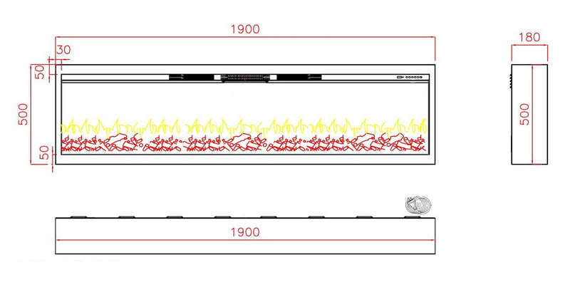 Camino Elettrico da Incasso 50x18x190 cm 1500W Effetto Fiamma Sined Stromboli Nero-7