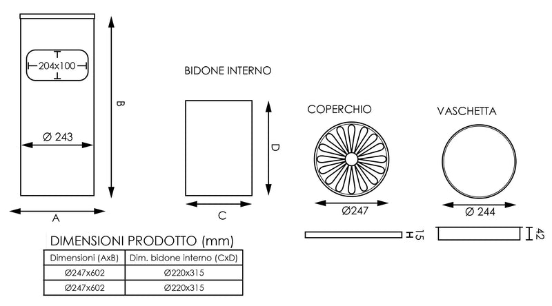 Cestino Gettacarte Posacenere Ø24,7 cm in Metallo Nero Opaco 10L per Interno Esterno-5